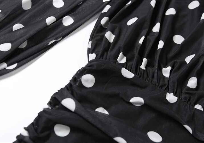 Polka Dot Elegance: High Neck Ruched Dress - Beniz Kloset