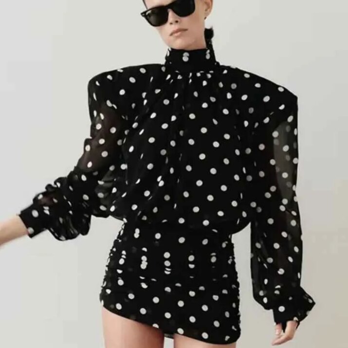 Polka Dot Elegance: High Neck Ruched Dress - Beniz Kloset