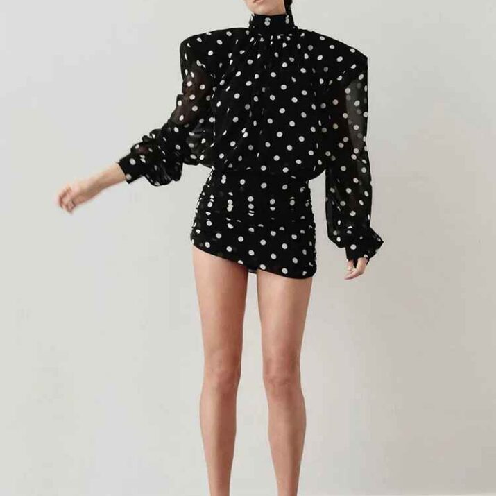 Polka Dot Elegance: High Neck Ruched Dress Vêtements - Beniz Kloset