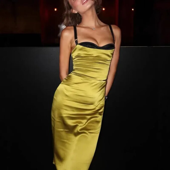 Satin Square Neck Midi Dress Dresses - Beniz Kloset