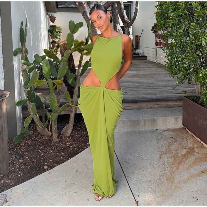 Sexy Green Hollow-out Maxi Dress Women Fashion Sleeveless Backless Pleated Slim Female Dresses Summer Party Evening Robe 2026 - Beniz Kloset