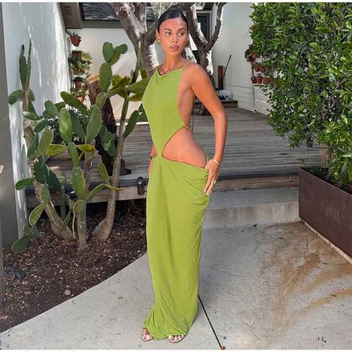 Sexy Green Hollow-out Maxi Dress Women Fashion Sleeveless Backless Pleated Slim Female Dresses Summer Party Evening Robe 2026 - Beniz Kloset
