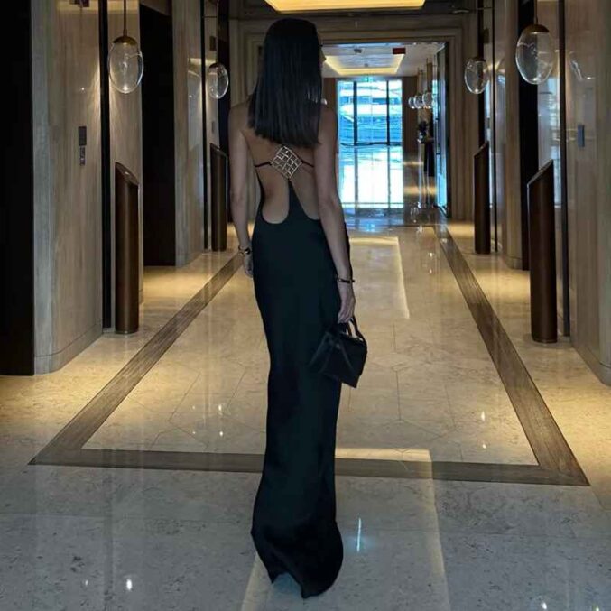 Vacation Women's Casual Dresses Sexy Socialite Style Long Dress Rhinestone Decor Slim Solid Backless Women's Gowns - Beniz Kloset