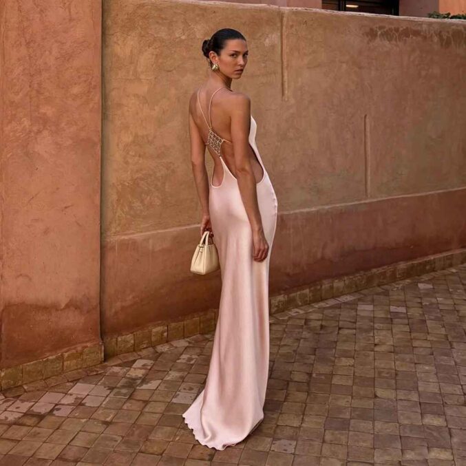 Vacation Women's Casual Dresses Sexy Socialite Style Long Dress Rhinestone Decor Slim Solid Backless Women's Gowns - Beniz Kloset
