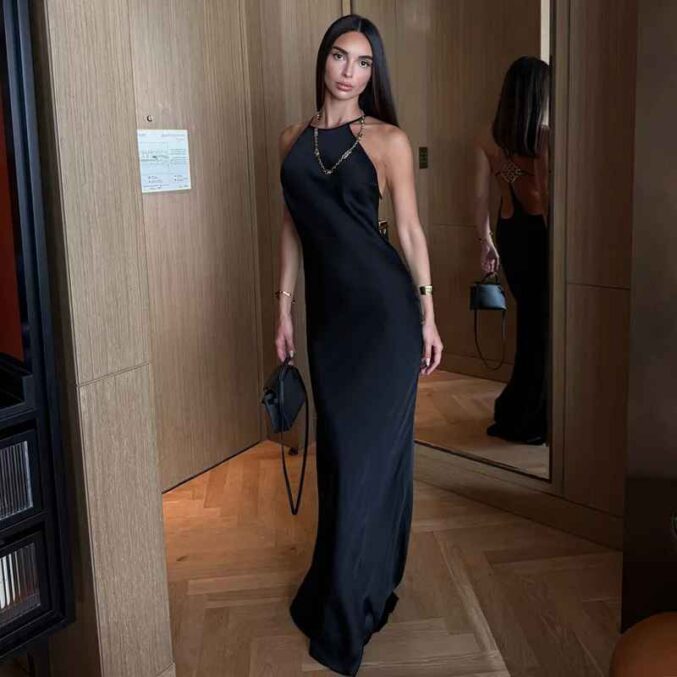 Vacation Women's Casual Dresses Sexy Socialite Style Long Dress Rhinestone Decor Slim Solid Backless Women's Gowns - Beniz Kloset