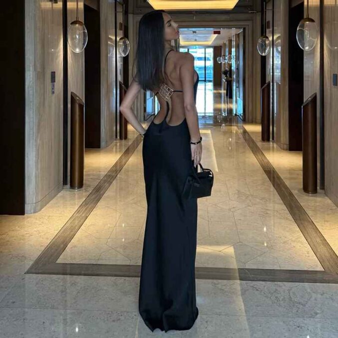 Vacation Women's Casual Dresses Sexy Socialite Style Long Dress Rhinestone Decor Slim Solid Backless Women's Gowns - Beniz Kloset