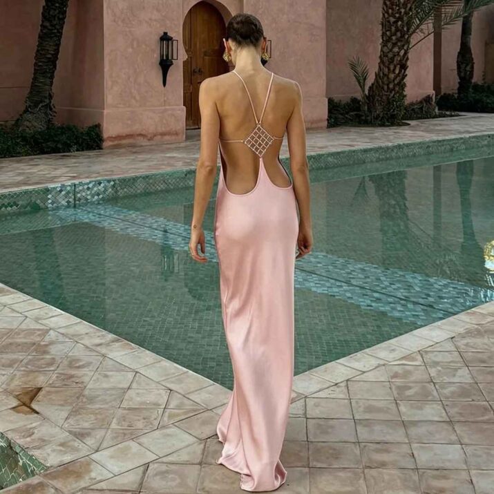 Vacation Women's Casual Dresses Sexy Socialite Style Long Dress Rhinestone Decor Slim Solid Backless Women's Gowns - Beniz Kloset