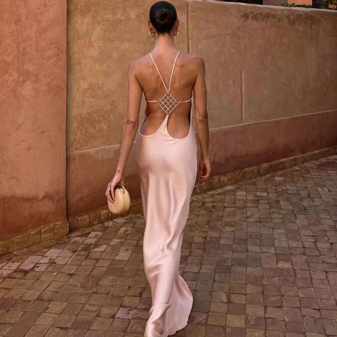Vacation Women's Casual Dresses Sexy Socialite Style Long Dress Rhinestone Decor Slim Solid Backless Women's Gowns - Beniz Kloset