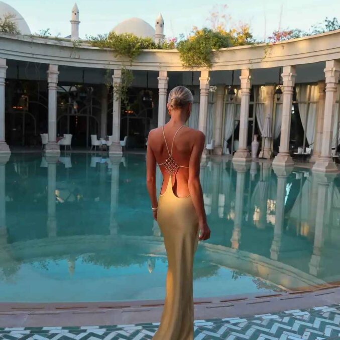 Vacation Women's Casual Dresses Sexy Socialite Style Long Dress Rhinestone Decor Slim Solid Backless Women's Gowns - Beniz Kloset