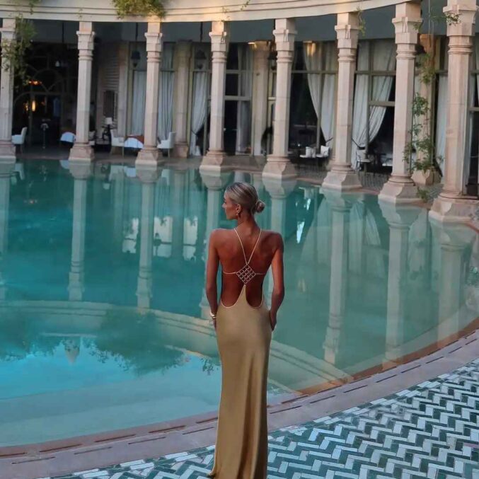 Vacation Women's Casual Dresses Sexy Socialite Style Long Dress Rhinestone Decor Slim Solid Backless Women's Gowns - Beniz Kloset