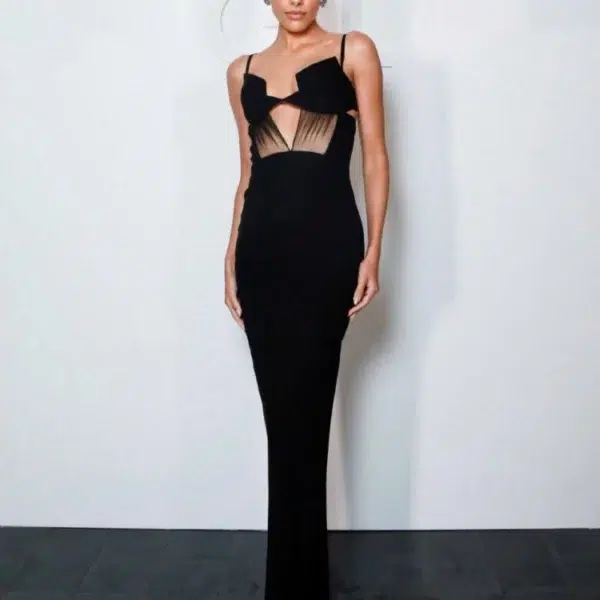 Black Cut-Out Mesh Panel Maxi Dress