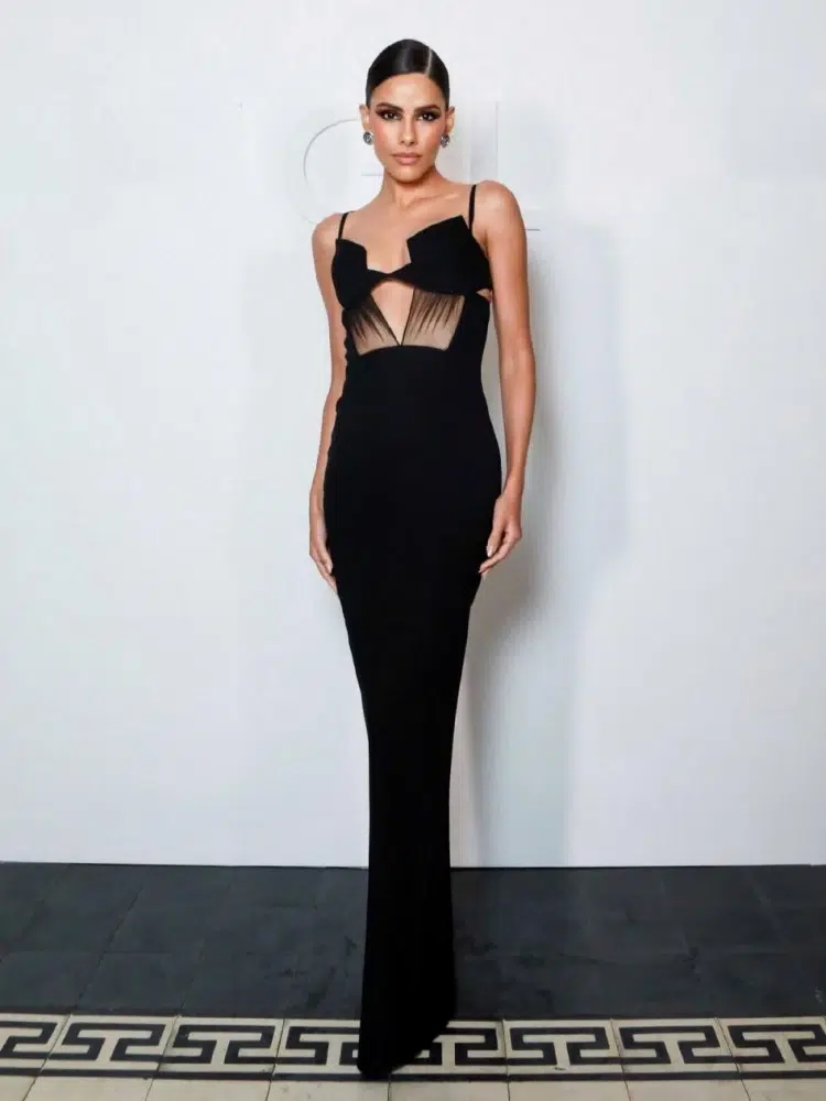 Black Cut-Out Mesh Panel Maxi Dress