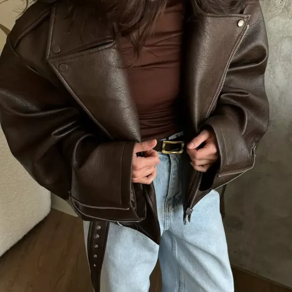 Oversized Brown Faux Leather Jacket for women