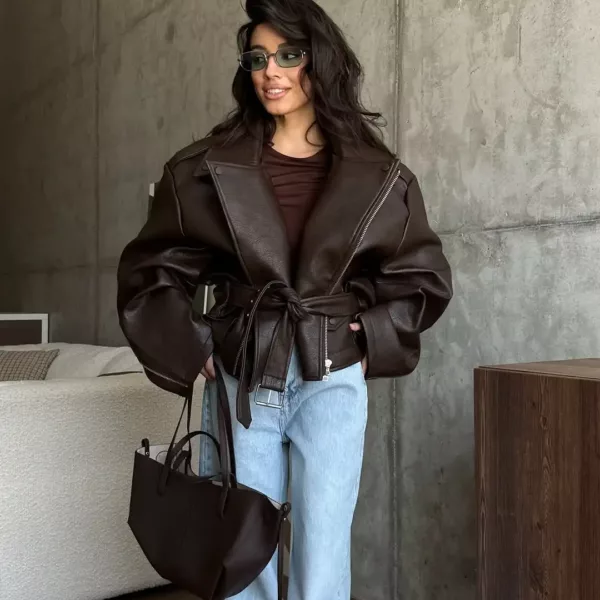 Oversized Brown Faux Leather Jacket for women