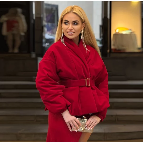 Red Velvet Belted Puffer Jacket