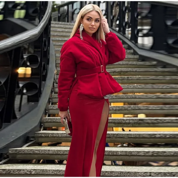 Red Velvet Belted Puffer Jacket