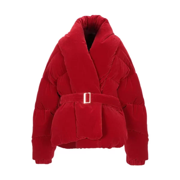 Red Velvet Belted Puffer Jacket