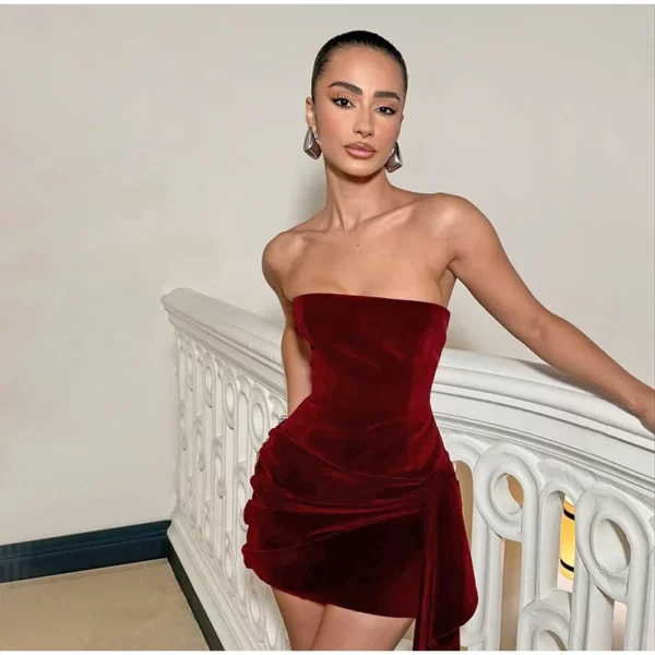 Strapless Sculpted Mini Velvet Dress Burgundy