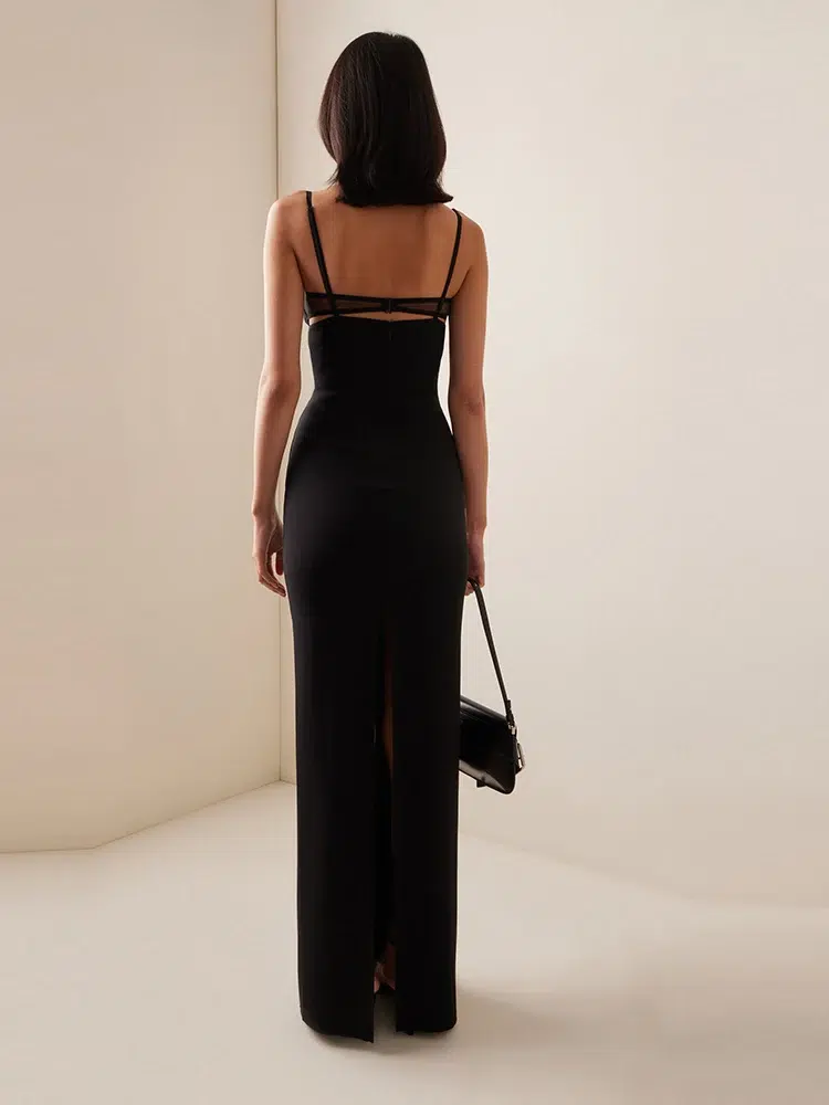 Black Cut-Out Mesh Panel Maxi Dress
