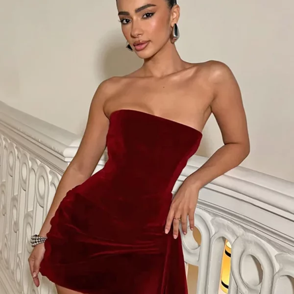 Strapless Sculpted Mini Velvet Dress Burgundy