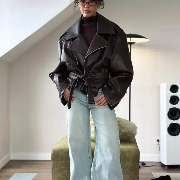 Oversized Brown Faux Leather Jacket