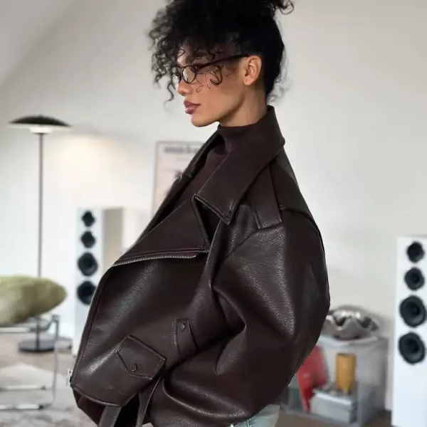 Oversized Brown Faux Leather Jacket