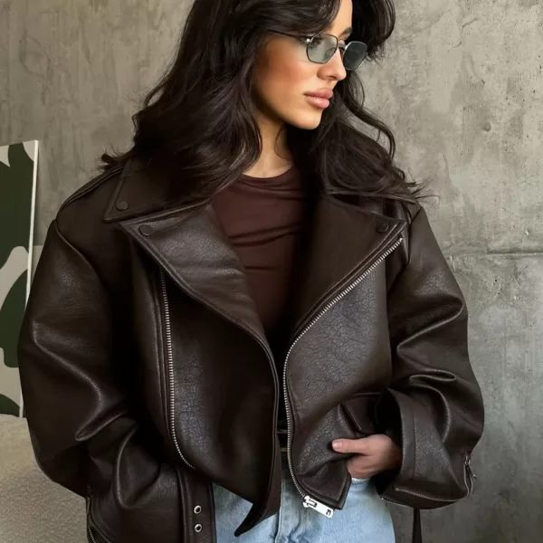 Oversized Brown Faux Leather Jacket for women