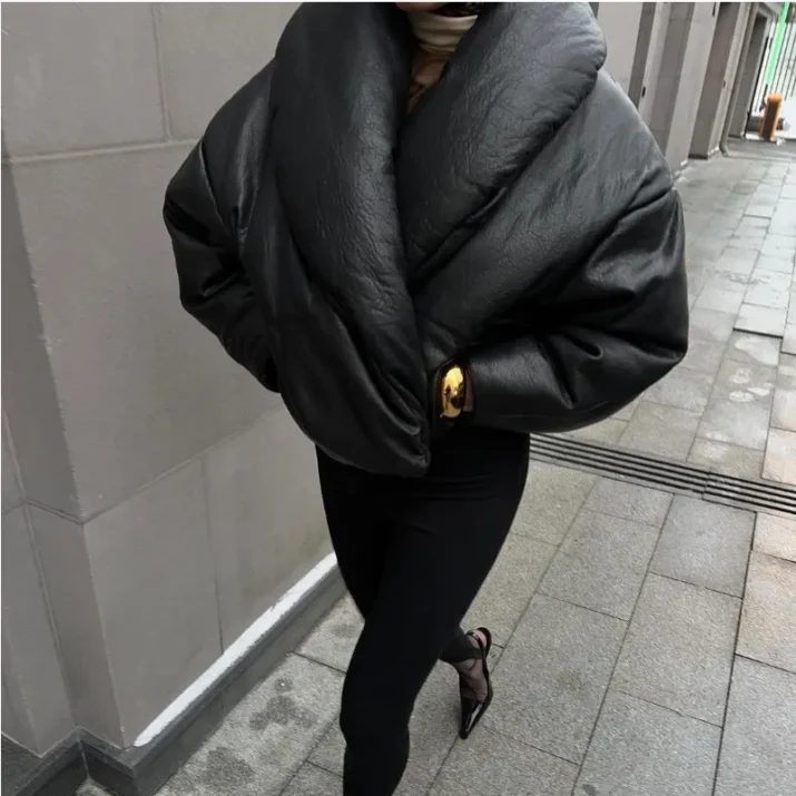 Faux Leather Puffer Jacket - faux leather puffer