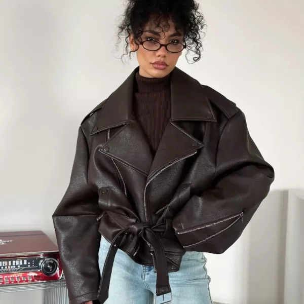 Oversized Brown Faux Leather Jacket