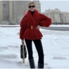 Red Velvet Belted Puffer Jacket