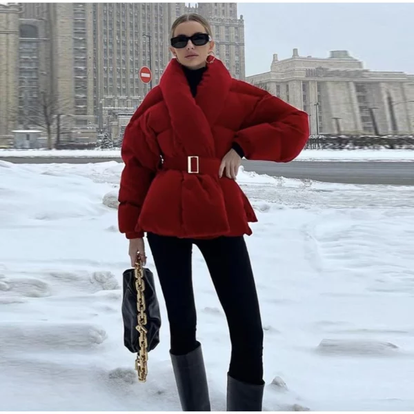 Red Velvet Belted Puffer Jacket